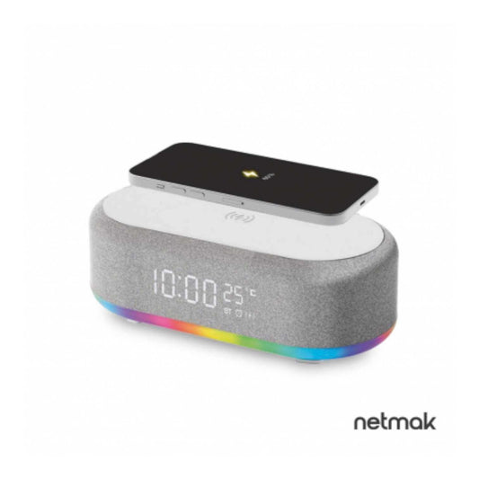 Parlante Bluetooth con Reloj y Cargador Inalámbrico Netmak NM-RD12.