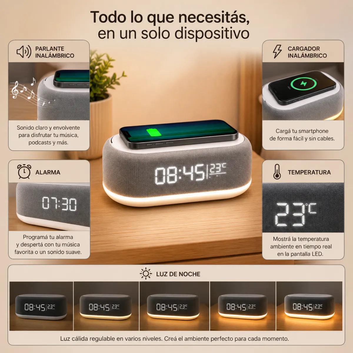 Parlante Bluetooth con Reloj y Cargador Inalámbrico Netmak NM-RD12.