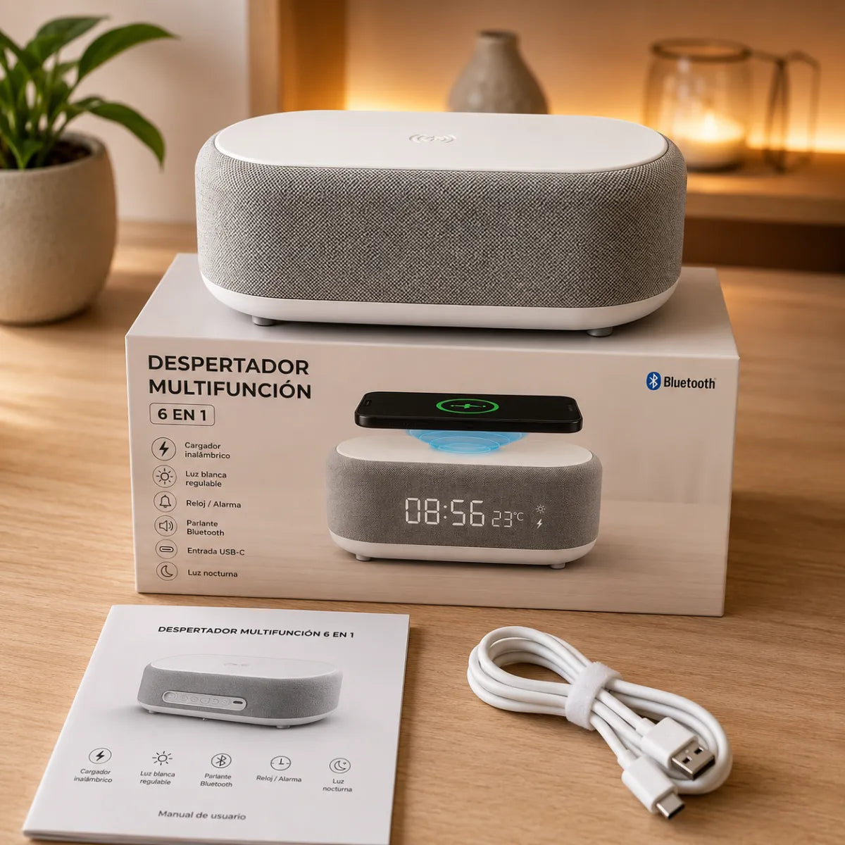 Parlante Bluetooth con Reloj y Cargador Inalámbrico Netmak NM-RD12.